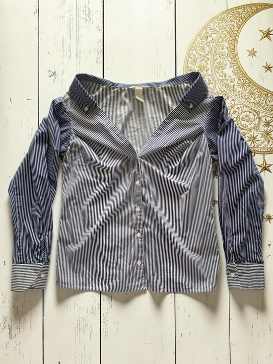 H&M Tops - H&M 100% Cotton Navy Blue and White Striped Off-Shoulder Button-Down Shirt